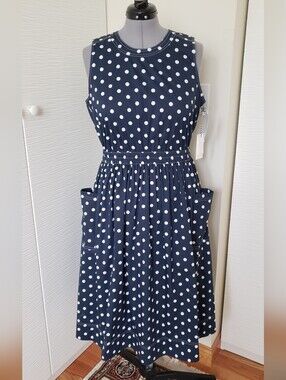1901 Navy and White Polka Dot Sleeveless Dress with Pockets Sz.L NWT